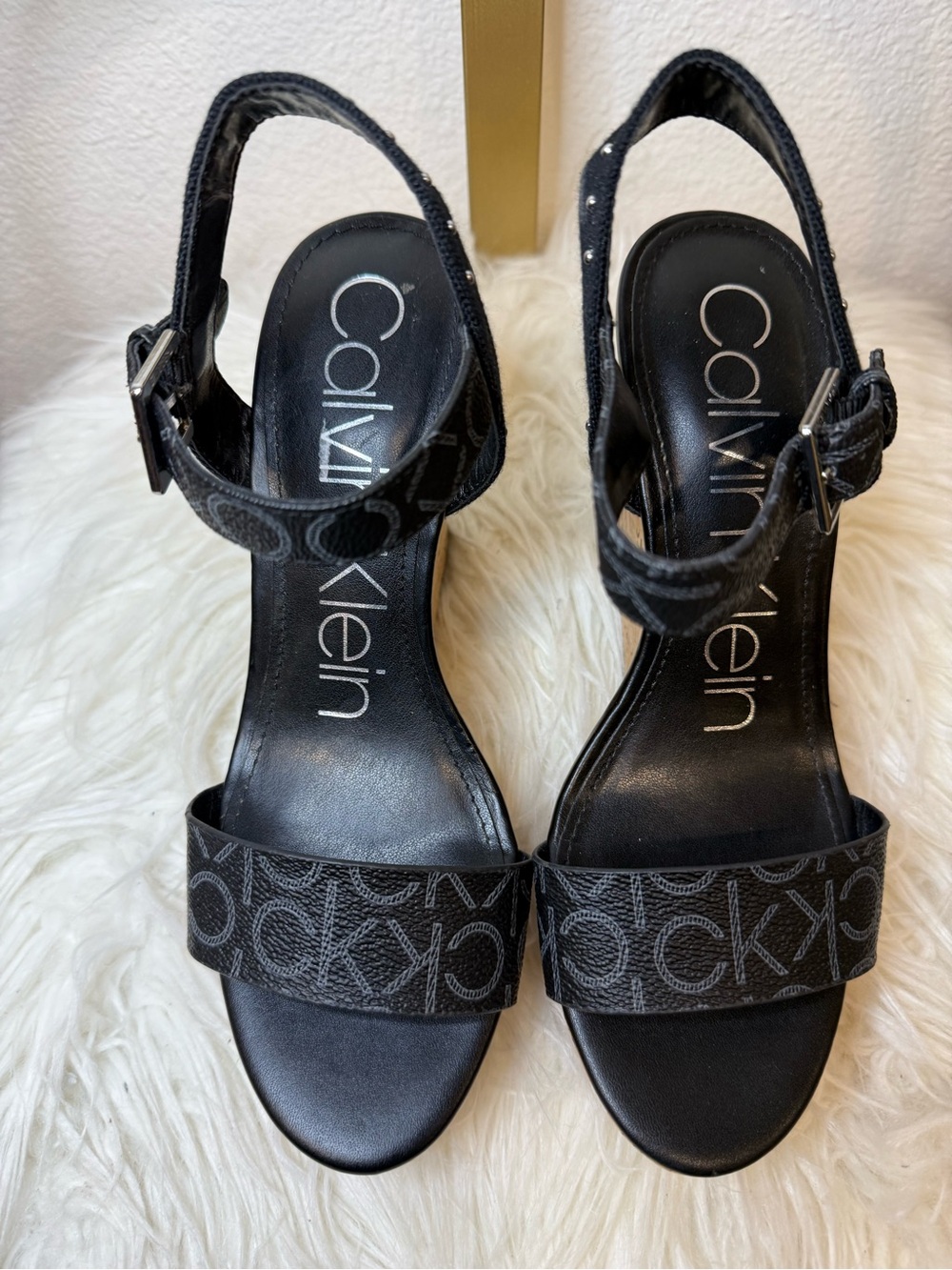 Calvin Klein Black Logo Strap Slingback Heels